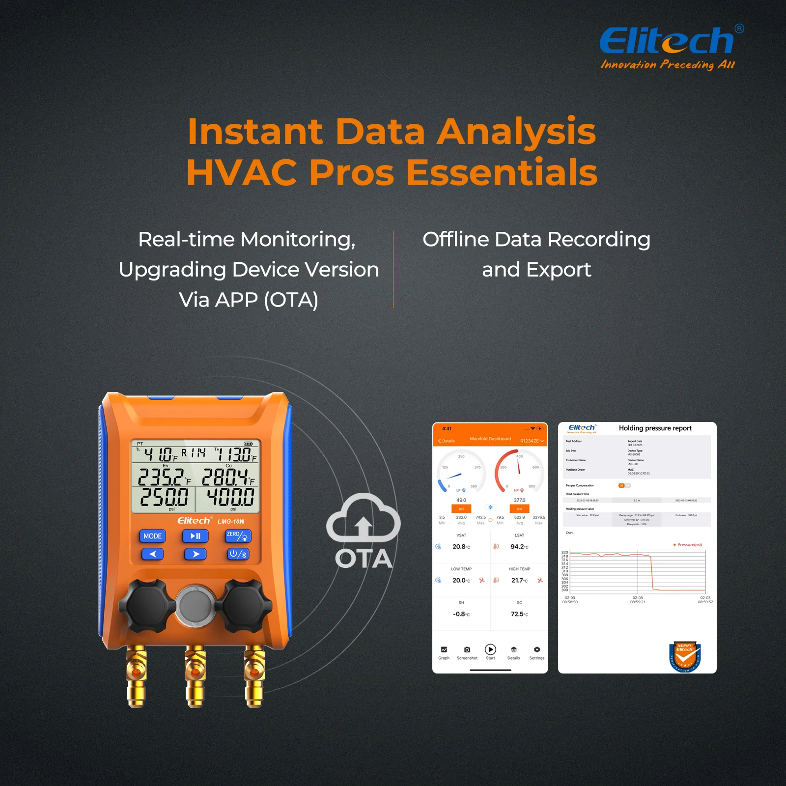 Elitech LMG-10W Refrigeration Heat Pump Digital Manifold Gauge Set 2-Way Valve AC Gauges App Control with Temperature Clamps - Image 4