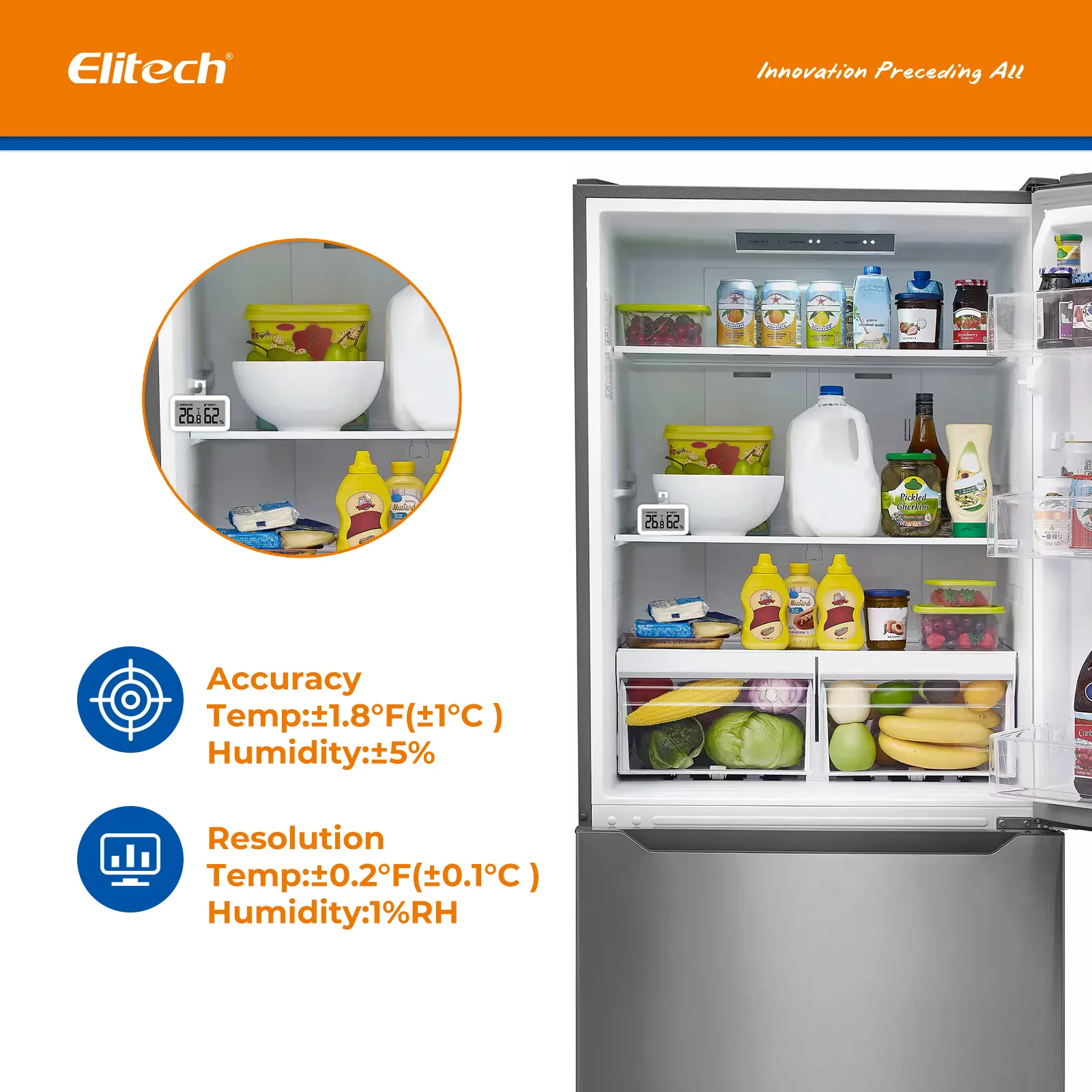 Elitech TM-2TH Fridge Thermometer Hygrometer Digital Freeze Refrigerator Thermometer Waterproof Large LCD Display - Image 6
